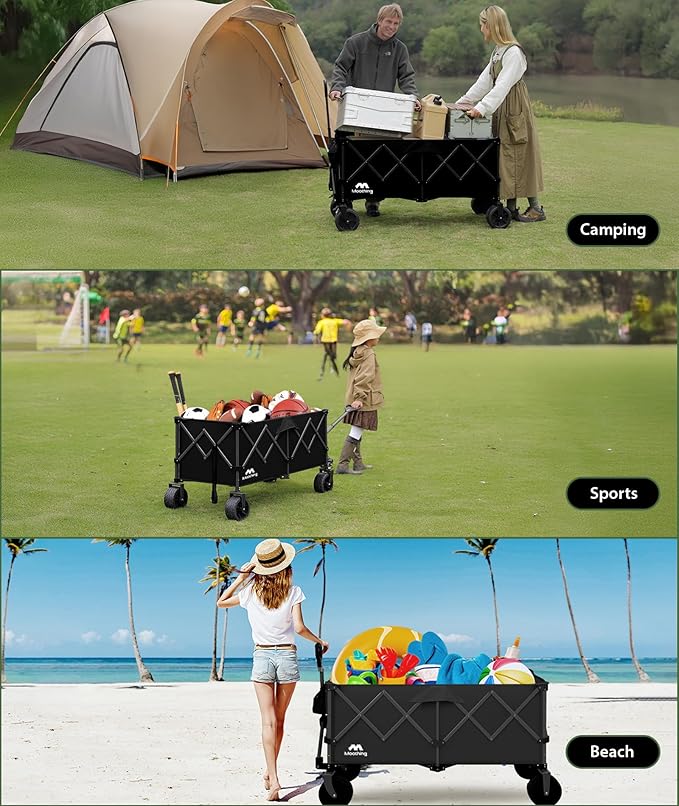 48”L Foldable Wagons Carts - Clearance, Collapsible Folding Wagon Heavy Duty, 320L Large Beach Wagons, Utility Wagon with All Terrain Big Wheels for Sports, Camping, Grocery, Garden, Black