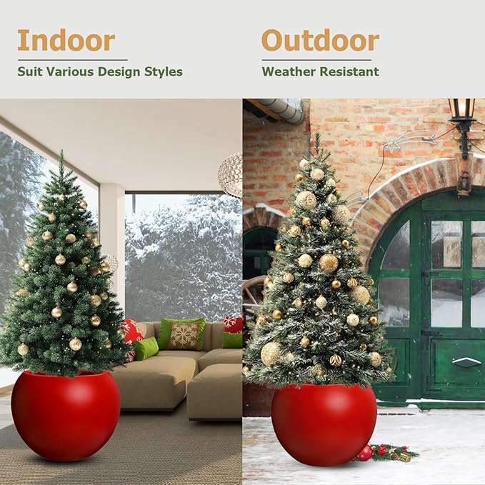 16" H x 20" D Globo Fiberstone Round Planter - Christmas Tree Planter, Smooth Finish, Weather Resistant for Indoor & Outdoor Use, Included 2 Extra Coco Mats (Red, 13.5" Pot Opening)