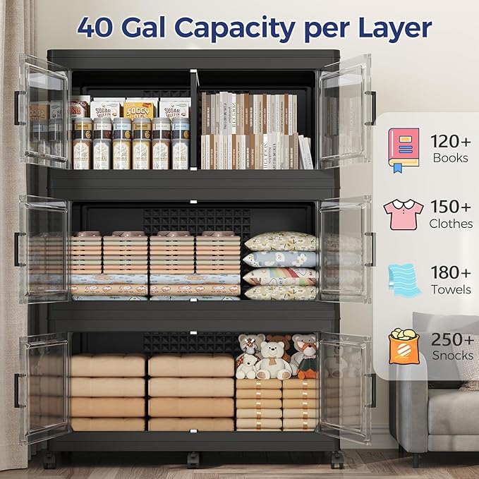 160GAL Storage Bins with Lid and Wheels, Stackable Closet Organizers and Storage Drawer, Collapsible Storages Box with Dividers, Foldable Plastic Cabinets for Room, Kitchen, 4 Pack Black