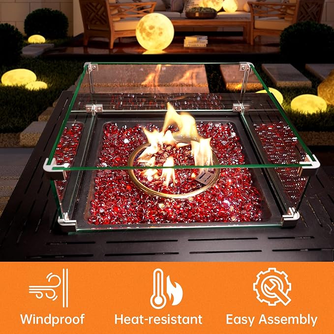 Fire Pit Wind Guard, 19.5" x 19.5" Square Tempered Glass Wind Shield for Firepit & Fire Table, Thick Glass and Easy Installation with Included Tools, Airflow Management for Stable Flame