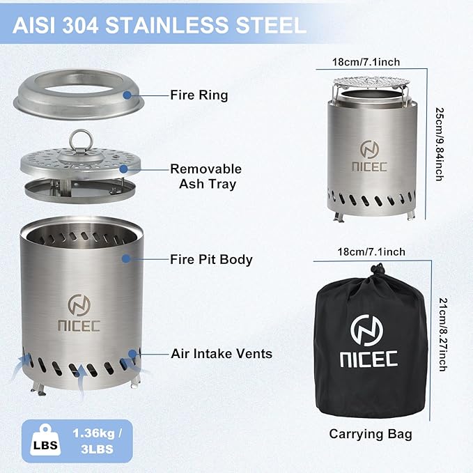 Nice C Fire Pits, 7.1 Inch Smokeless Fire Pits, Portable Fire Pit, Outdoor Fire Pit, Tabletop Fire Pit, Wood Buring Fireplaces, Stainless Steel, with Grill Grate, Removable Ash Tray & Carry Bag