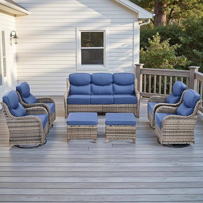 Rilyson Wicker Outdoor Patio Furniture Set - 7 Piece Patio Conversation Sets with Swivel Rocker Chairs, Ottomans and Sofa, 6 inch Cushions, Waterproof Wicker, for Porch Deck Mixed Grey/Blue