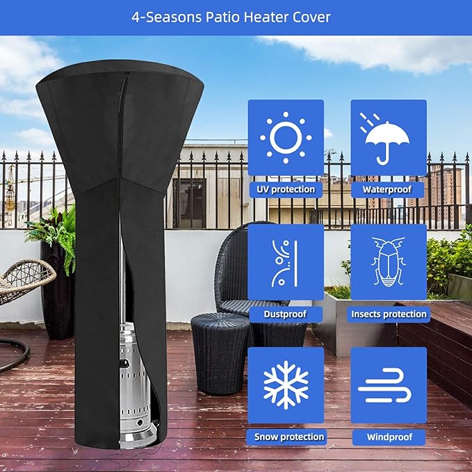 420D Patio Heater Cover, Waterproof with Zipper, Outdoor Propane Heater Cover for Any Season, Large Size: 89'H x 33'Dx19'B (Black)