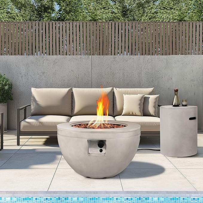 Round Propane Fire Pit,30 Inch Outdoor Fire Pit Table w Tank Cover,2-Piece 40,000 BTU Gas Concrete Firepit for Patio w Lava Rocks/Rain Cover,Fireplace for Backyard & Deck