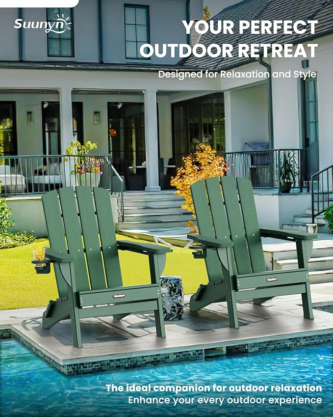 Folding Adirondack Chair 2 Pack, HDPE All-Weather Fire Pit Chairs, Plastic Adirondack Chairs with 2 Cup Holder, Outdoor Lawn Chair for Patio Garden (Green)