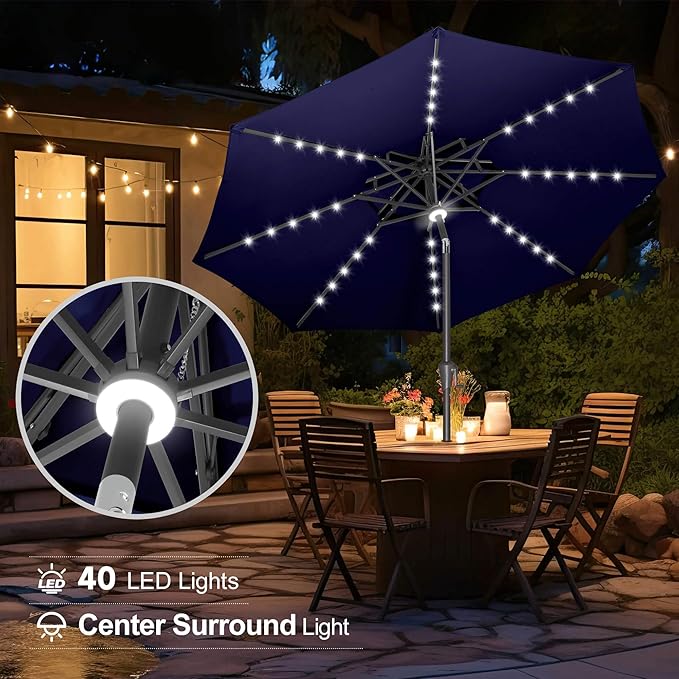 FLAME&SHADE 9 ft Double Top Solar Powered Outdoor Market Patio Table Umbrella with LED Lights and Tilt, Navy Blue