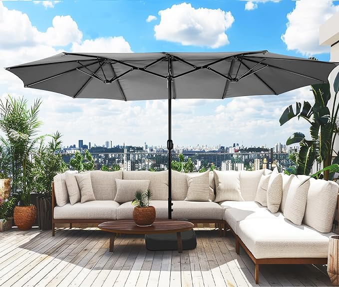 Bigroof 15ft x 9ft Patio Double-Sided Umbrella with Base & Crank, Extra Large Rectangular Outdoor Umbrella for Patio, Lawn & Garden, Beige