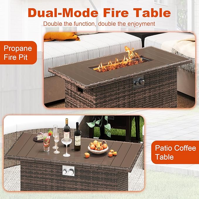 Tangkula 44.5 Inch Propane Fire Pit Table, Outdoor Rattan Gas Firepit with Metal Slatted Tabletop & Stainless Steel Burner, Rectangle Fire Pit with Lava Rocks & Protective Cover for Outside Patio