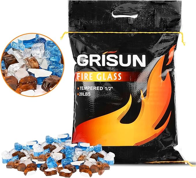 GRISUN 20 Pounds Fire Glass Mixed Color for Fire Pit - 1/2 Inch Reflective Tempered Glass Rocks for Natural or Propane Fireplace, Safe for Outdoors and Indoors, Pacific Blue, Copper, Ultra White