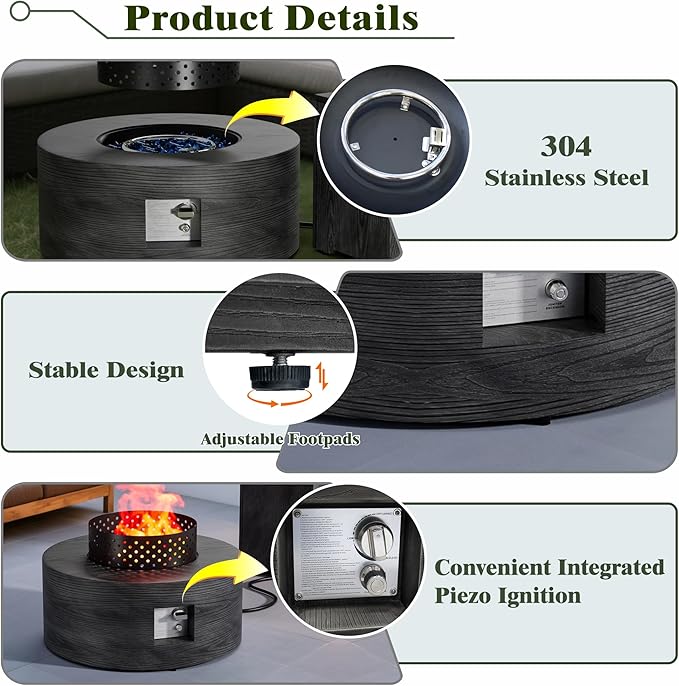 Dineli 2-Piece Outdoor Propane Fire Pit Table Set w Tank Table 30'' Round Fire Pit Table 2-in-1 Firepit Table for Outside Patio Gas Fire Pit, 50,000 BTU, Dark Gray with Wood Grain
