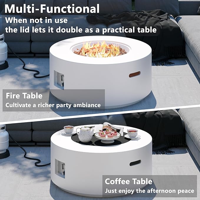 32 inch Round Propane Fire Table, 50,000 BTU Gas FirePit, Patio Fire Pit Table with Steel Lid, Rain Cover, 10ft Propane Hose, Lava Rocks, White