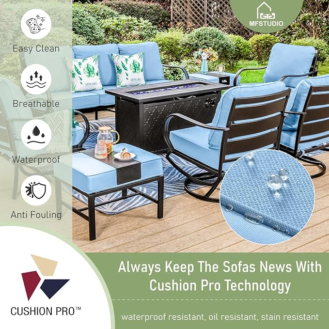 MFSTUDIO 8 Pieces Patio Furniture Sets with 45" Gas Fire Pit Table(Up to 9 Seat),Outdoor Metal Conversation Sofas with 1 x 3-Seat Sofa, 2 Single Chairs,2 Rocking Chairs and 2 Ottoman,Blue Cushion