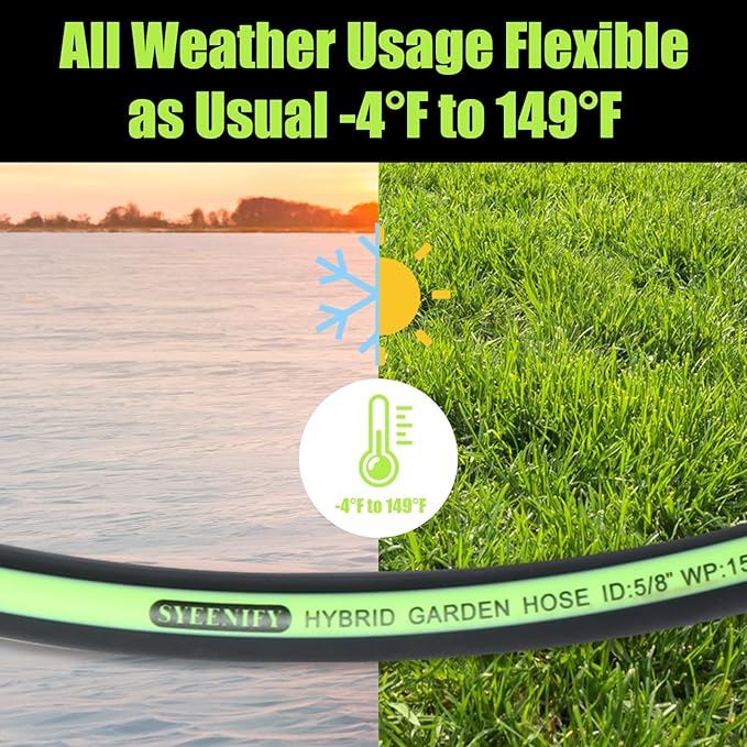 SYEENIFY Kink Free Garden Hose 100ft 5/8", Heavy Duty Hybrid Water Hose, Ultra Durable Flexible Rubber Hose with Sprayer Nozzle,Leakproof Yard Outdoor Hose with Brass Solid Connector