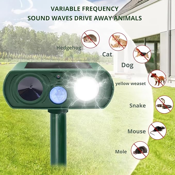Solar Powered Animal Repellent Motion Sensor for Gardens - Ultrasonic Outdoor Animal Repeller with Adjustable Frequency & Waterproof Design - Deer Repellent Devices Protect Yard from Damage