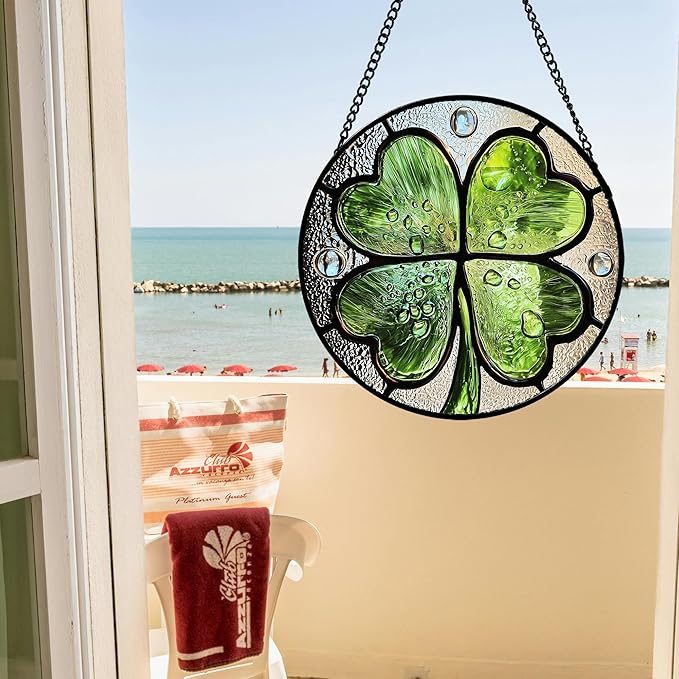 AMDERVEN Stained Glass Window Hanging - St. Patrick's Day Green Irish Themed Gifts Sun Catcher Door Home Clover Decor Suncatcher Christmas Mother's Day Birthday Gifts for Women Men Mom Nana 9.8 in