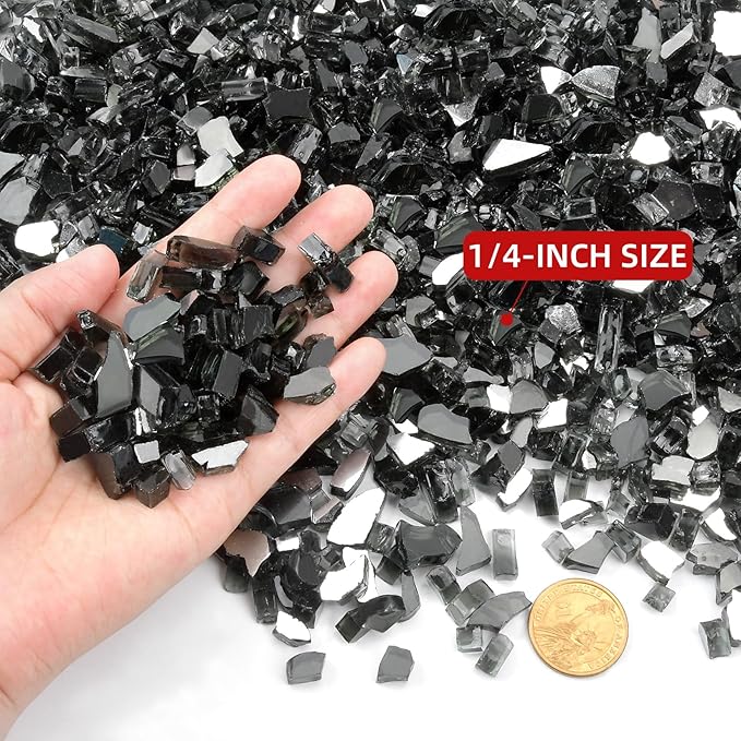 GasSaf 1/4 Inch Fire Glass Reflective Tempered Fireglass Cut Crushed FireGlass for Fire Pit, Fireplace, Replaces Existing Gas Logs & Lava Rocks (20 Pound)(Black Reflective)
