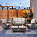 HUMMUH 7 Pieces Patio Furniture Set with Fire Pit Table Outdoor Conversation Set PE Wicker Patio Couch Swivel Glider Chairs Ottomans for Balcony Garden,Lawn,Deck
