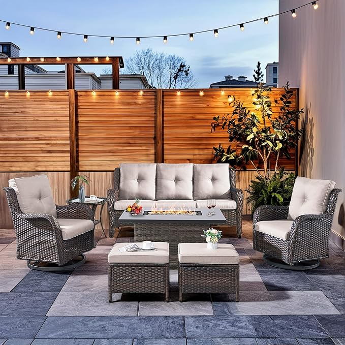HUMMUH 7 Pieces Patio Furniture Set with Fire Pit Table Outdoor Conversation Set PE Wicker Patio Couch Swivel Glider Chairs Ottomans for Balcony Garden,Lawn,Deck
