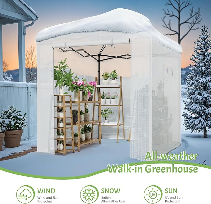 Greesum 8x6 FT Portable Pop-up Greenhouse with Center Lock, PE Cover, Zippered Door and 2 Roll-up Windows, Easy Assemble(White)