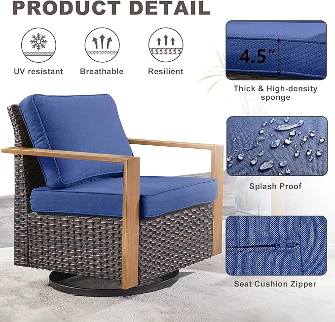 Rilyson Outdoor Wicker Patio Furniture Set - 8 Piece Patio Conversation Set with 4 Wicker Swivel Rocker Chairs,2 Rattan Ottoman 1 Side Table and 1 Couch,Thick Cushions,Deep Seating(Brown/Blue)