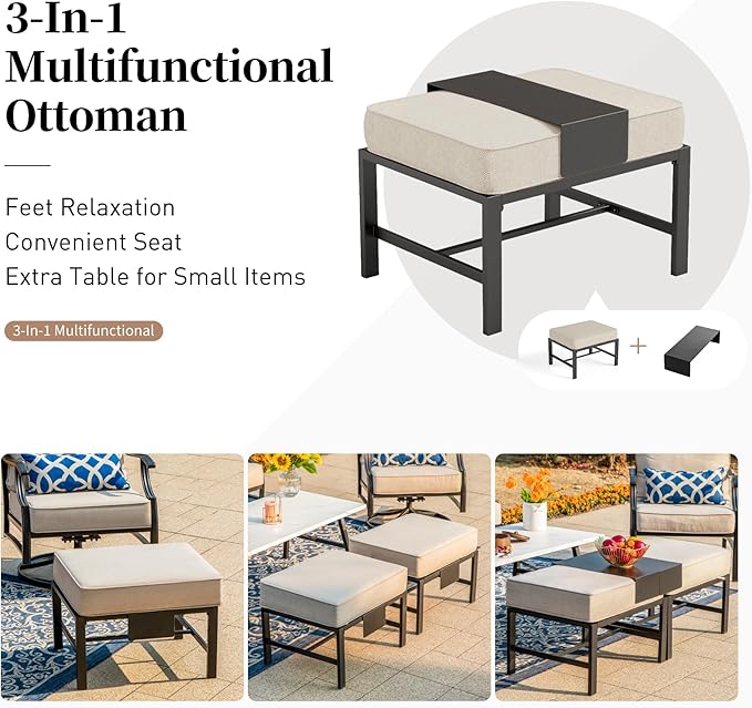 Patio Furniture Set, Modern Metal Outdoor Patio Furniture, 3 Seater Sofa, 2 Swivel Chairs, 2 Ottomans and 5.75" Extra Thick Cushion, Patio Conversation Set for Garden Backyard Deck