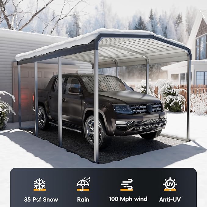 Heavy Duty Metal Carport Kits with Galvanized Steel Roof and Frame, Outdoor Carport Canopy Enhanced Base, Extra Large Car Tent Garage Shelter for Car, SUV, Truck and Boats (10x15 FT, Gray)