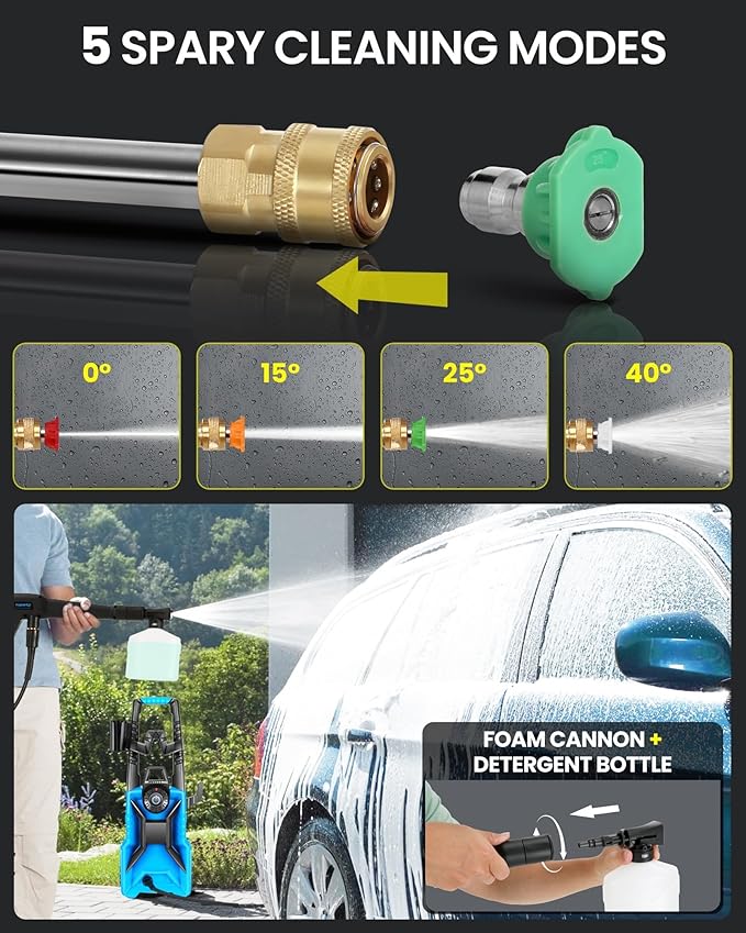 Pressure Cleaner High Power Cleaner with 33ft Pressure Hose, 4 Nozzle and 500ml Foam Cannon for Cars/Fences/Driveways/Patios/Home Cleaning (Navy Blue)