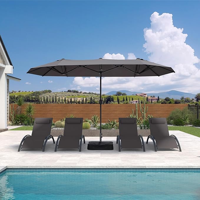 PURPLE LEAF 13ft Patio Market Umbrella with Base Double-Sided Rectangle Outdoor Table Sun Umbrellas with Crank 12 Heavy Duty Sturdy Ribs for Pool Beach Deck Backyard Gray