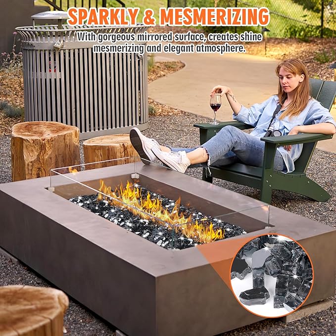 Mesida 1/4 Inch Black Reflective Fire Glass for Propane Fire Pit – 10 lb Tempered Fireplace Glass Rocks for Fire Pit Table, Gas Fireplaces, Fire Bowls & Outdoor Landscape Decor