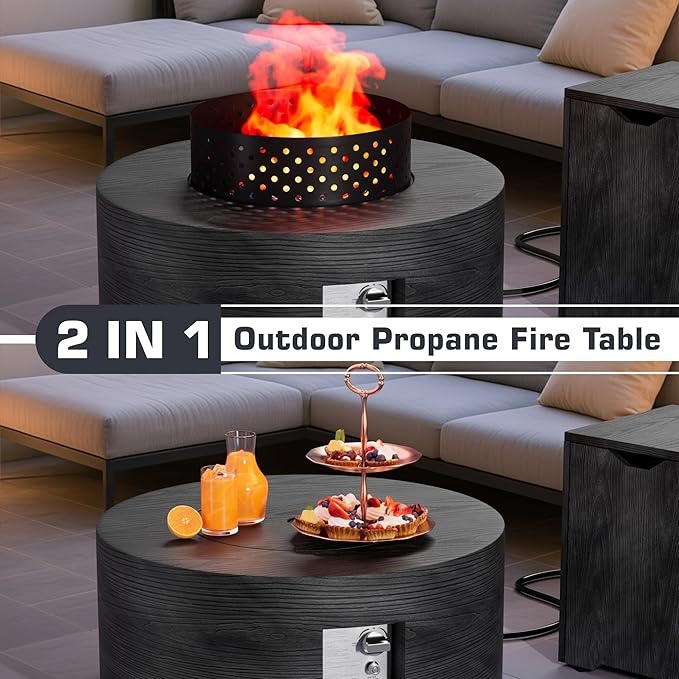 Wood Grain 30'' Patio Fire Pit Table Round, Propane Gas Fire Table 50,001 BTU, Outdoor Firepit & Fireplace for Patio, Black
