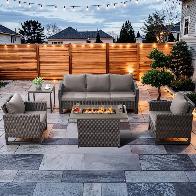 HUMMUH 5 Piece Patio Furniture Set with Fire Pit Table 41in 55,000 BTU,Wicker Outdoor Conversation Sets -Patio Sofa Outdoor Chairs Set of 2 for Porch,Garden,Backyard