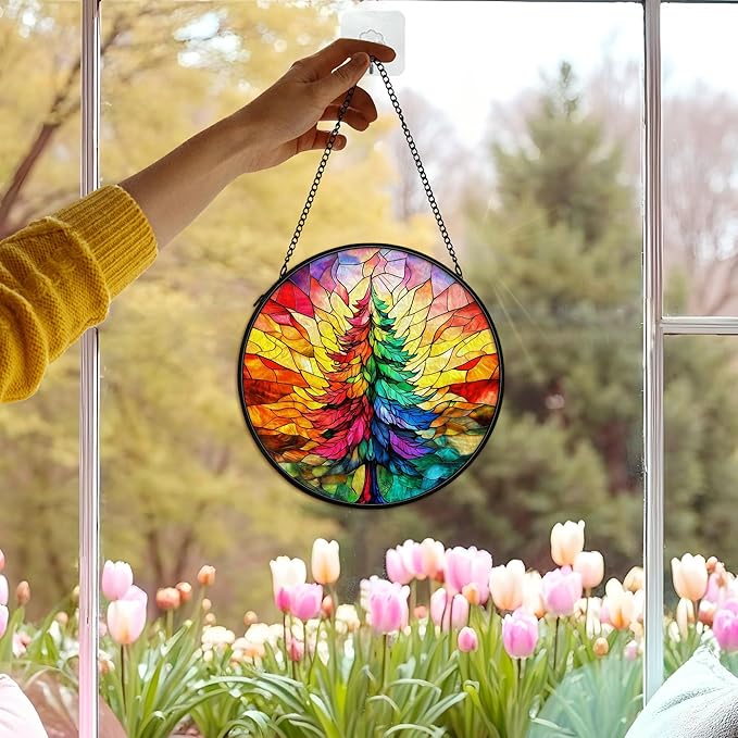 cvjutf Christmas Tree Suncatcher Stained Glass Window Hanging Decor, Colorful Xmas Tree Stained Glass Wall Decor, Christmas Garden Sun Catchers Indoor Window Hanging Wall Art Lawn, 7.9x7.9 Inch