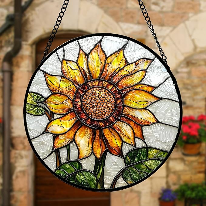 DASTOLL Stained Glass Window Hanging - Sunflower Flower Suncatcher Ready to Hang Window Doors Home Decoration and Christmas, Mother's Day Birthday Gifts for Women, Men, and Mom 11.8x11.8 in
