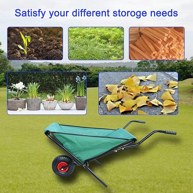 176 LBS Wheelbarrow, Green Foldable Heavy Duty Yard Cart, Iron and Oxford Cloth Lightweight Lawn Cart with 10 Inch Pneumatic Tires, for Grass, Leaf, Garden Supplies