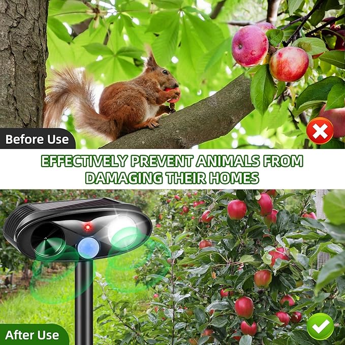 Upgraded Solar Animal Repellent Outdoor Deer Repellent Devices with Motion Sensor & Flashing Light,Ultrasonic Deterrent Control for Cat Squirrel Raccoon Dog Rabbit Skunk for Yard Garden,4 Pack Black