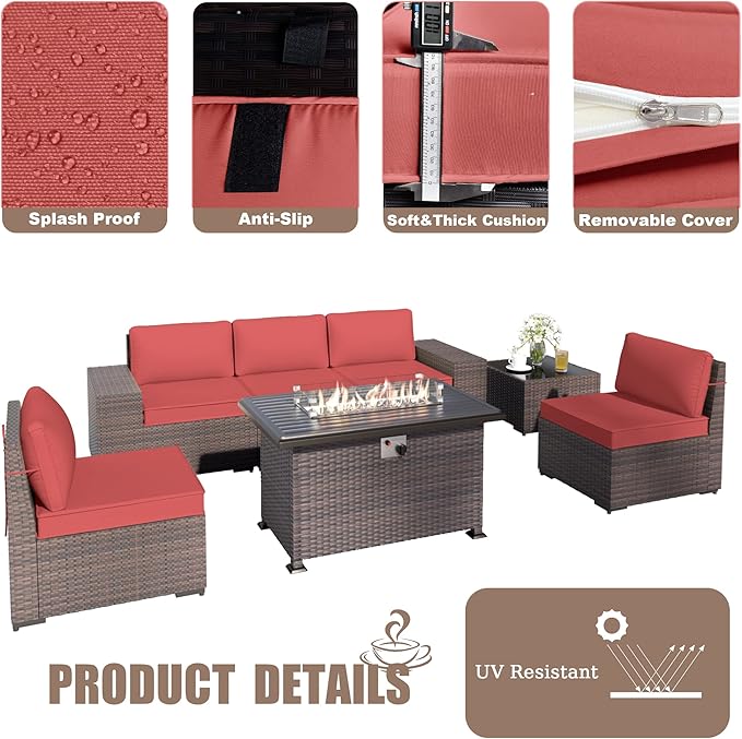 Kurapika 7 Pieces Patio Furniture Set, Rattan Outdoor Conversation Sets w/43in Propane Fire Pit Table and 4 Inch Cushion(Red)