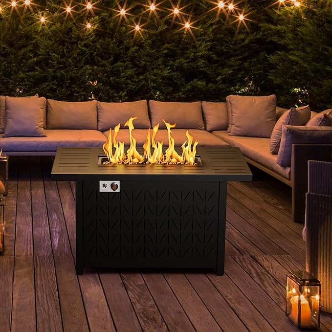 43 Inch Rectangular Propane Fire Pit Table for Outdoor Patio – 50,000 BTU Gas Firepit with Lid, Cover & Lava Rocks – Metal Fire Table with Hidden Tank Storage (Black, 43" Rectangular)