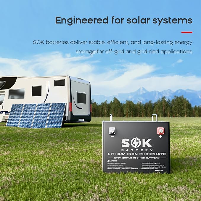 SOK Battery 12V 280Ah LiFePO4 Lithium Iron Phosphate Deep Cycle Battery, Low Temperature Disconnect Built-in Heater Perfect for Your RV or Solar and Wind Off-grid Applications