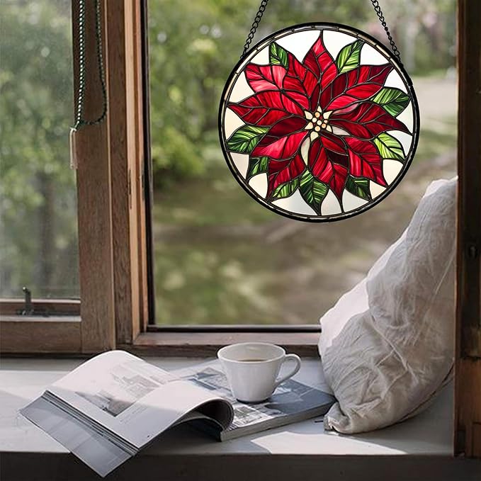 CRISGIF Stained Glass Window Hanging - Red Poinsettia Birth Flower Suncatcher for Door Garden Yard Sun Catchers Decor Christmas Mother's Day Birthday Gifts for Women Mom Nana Friend Men 15 in