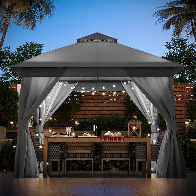 LAUSAINT HOME Outdoor Patio Gazebo 10'x10' with Expansion Bolts, Heavy Duty Party Tent & Shelter with Double Roofs, Mosquito Nettings and Privacy Screens for Backyard (Grey)