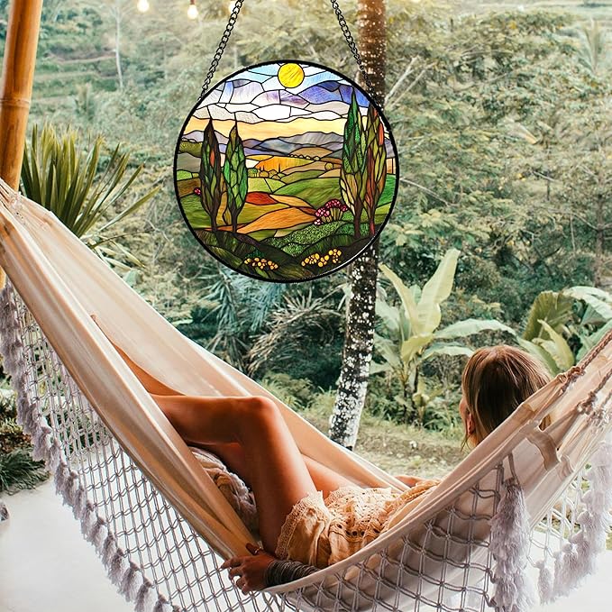 QZQCBLC Stained Glass Window Hanging Golden Sun Mountain Landscape 6.3" - Suncatcher Door Garden Sun Catcher Home Decor Birthday Christmas for Mom Men Woman Nana Friend