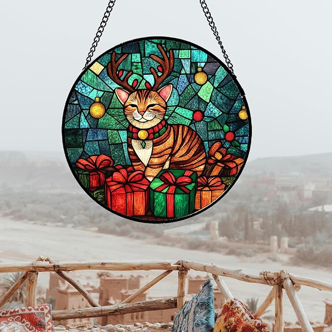 CRISGIF Stained Glass Window Hanging Cat with Elk Antlers Large 11.8" - Suncatcher Door Garden Sun Catcher Home Decor Birthday Christmas for Lost Pets Mom Men Woman Nana