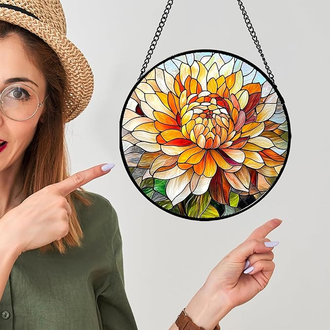 CRISGIF Stained Glass Window Hanging - Chrysanthemum Suncatcher for Doors Garden Patio Birth Flowers Sun Catchers Decor Christmas Mother's Day Birthday Gifts for Women Men Mom Nana Friend 7.8 in
