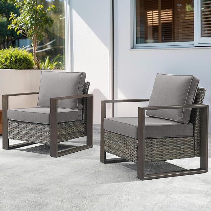 Belord Patio Wicker Chairs Set of 2-350 LBS Weight Capacity Wicker Outdoor Club Chair Set with Metal Wide Armrests for Porch Deck Sunroom Backyard