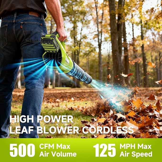 PULITUO Leaf Blower Cordless, 500CFM/ 125MPH Lightweight Cordless Blower with 2X 4.0 Batteries and Fast Charger, Variable Speed Battery Leaf Blowers for Lawn Care, Leaves, Grass, Patio, Yard