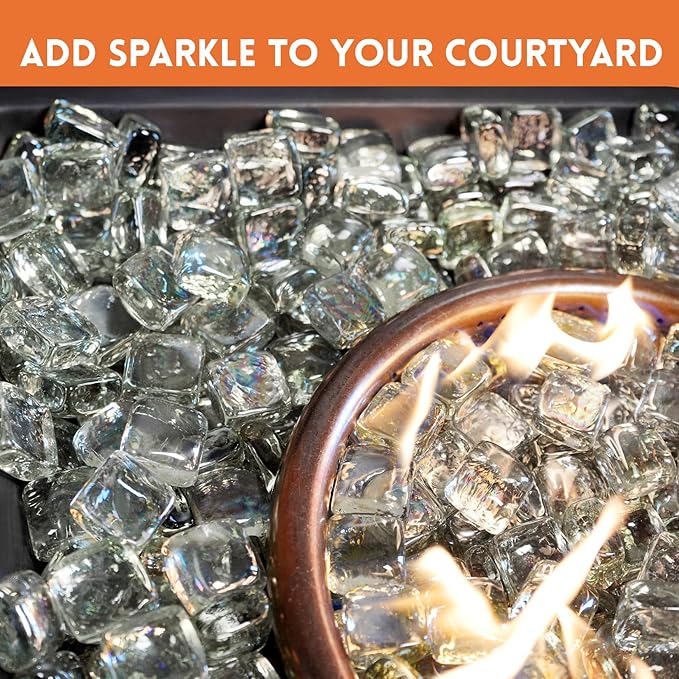 GasSaf Crystal Ice Fire Glass Cubes for Outdoor Fire Pit, Fireplace, Replaces Existing Gas Logs & Lava Rocks, 1 Inch Glass(20 Pound)(Crystal Ice Luster)