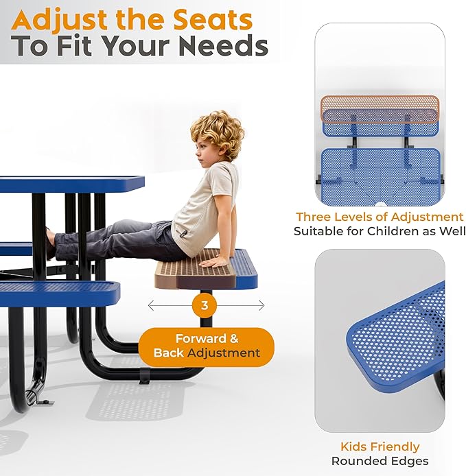 Metal Picnic Tables for Outdoors with Umbrella Hole - Coated Steel Heavy Duty Commercial Grade Furniture with Adjustable Seats (Blue, 46 in, Square, Punched Steel)