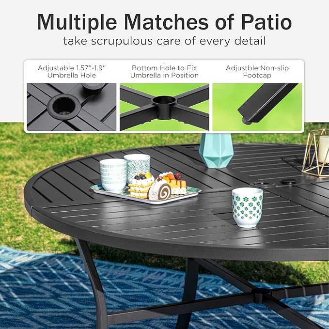 PHI VILLA Outdoor Round Dining Table for 6, 54" Large Metal Wrought Iron Table with Umbrella Hole, All Weather Furniture for Patio, Deck, Yard, Porch - Black