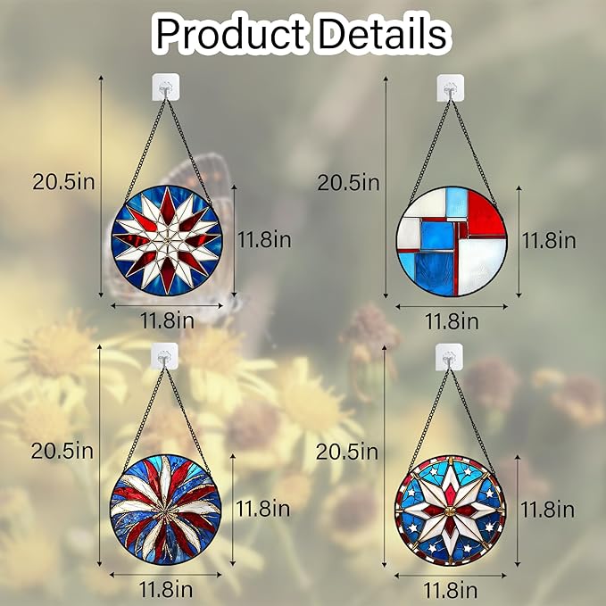 AMDERVEN Stained Glass Window Hanging 4 Pcs Set Abstract Flowers In Red White Blue Large 11.8" - Suncatcher Door Garden Sun Catcher Decor Birthday Mother's Day Xmas Gift for Mom Woman Nana Men Parents