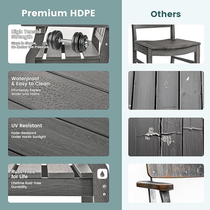 Pamapic 5-Piece Outdoor Dining Set, HDPE Outdoor Rectangular Table and 4 Chairs, Wood Grain Patio Furniture Sets with Armrest, All-Weather Patio Dining Table with Umbrella Hole, Gray